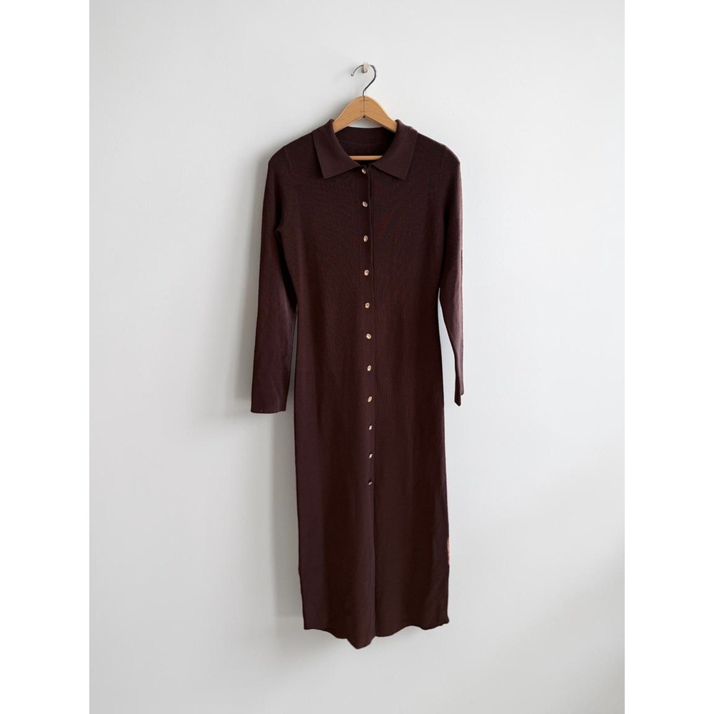Commense Brown Ribbed Knit Button Down Midi Dress Long Sleeve Gold Buttons S